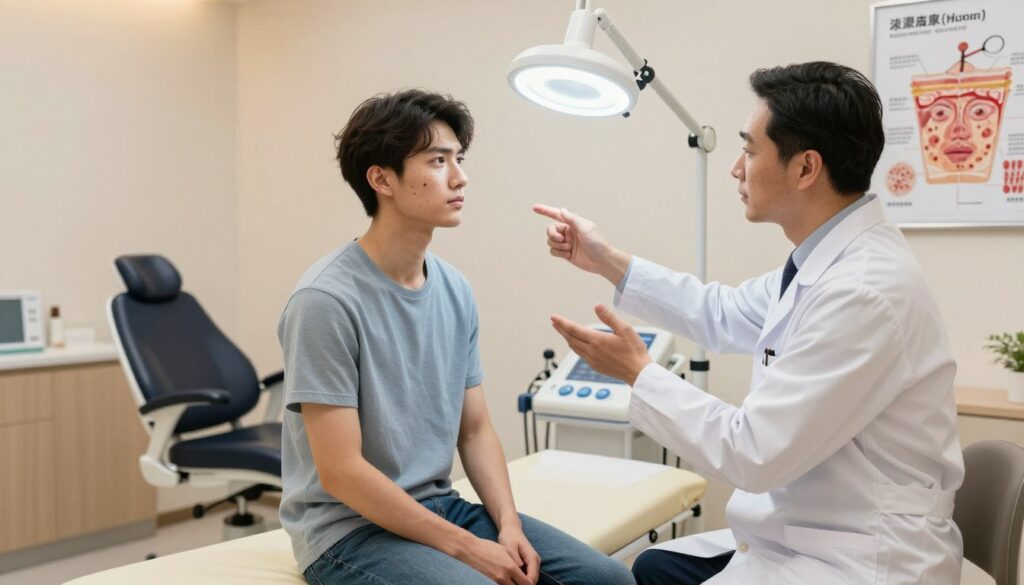 A dermatology consultation scene set in a well-lit, modern clinic. In the foreground, a concerned young adult sits on an examination table, looking at a dermatology specialist who is examining their skin closely under a bright lamp. The dermatologist, dressed in a white coat, is gesturing to a skin anatomy chart on the wall that illustrates acne and skin health. In the middle ground, a professional examination setup with a dermatology chair and medical equipment is visible. The background features calming colors and minimalistic decor, enhancing a sense of professionalism and care. Soft, diffused lighting casts a warm glow, creating a reassuring atmosphere that emphasizes trust and expertise in skincare. A dermatology consultation scene set in a well-lit, modern clinic. In the foreground, a concerned young adult sits on an examination table, looking at a dermatology specialist who is examining their skin closely under a bright lamp. The dermatologist, dressed in a white coat, is gesturing to a skin anatomy chart on the wall that illustrates acne and skin health. In the middle ground, a professional examination setup with a dermatology chair and medical equipment is visible. The background features calming colors and minimalistic decor, enhancing a sense of professionalism and care. Soft, diffused lighting casts a warm glow, creating a reassuring atmosphere that emphasizes trust and expertise in skincare.
