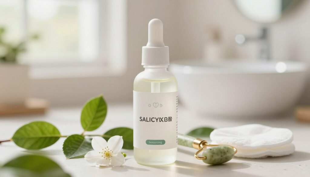 A detailed close-up of a bottle of salicylic acid skincare product, prominently displayed in the foreground, with its label featuring elegant and modern design. The bottle is surrounded by fresh green leaves and delicate white flowers, symbolizing natural beauty and skincare benefits. In the middle ground, softly focused skincare tools like a jade roller and cotton pads create a serene atmosphere. The background features a softly blurred, bright bathroom setting with calming pastel colors and natural light pouring in from a window, creating an inviting and fresh ambiance. The lighting is warm and inviting, emphasizing the clarity and transparency of the salicylic acid solution. The overall mood is clean, rejuvenating, and soothing, perfect for illustrating effective skincare for oily and combination skin. A detailed close-up of a bottle of salicylic acid skincare product, prominently displayed in the foreground, with its label featuring elegant and modern design. The bottle is surrounded by fresh green leaves and delicate white flowers, symbolizing natural beauty and skincare benefits. In the middle ground, softly focused skincare tools like a jade roller and cotton pads create a serene atmosphere. The background features a softly blurred, bright bathroom setting with calming pastel colors and natural light pouring in from a window, creating an inviting and fresh ambiance. The lighting is warm and inviting, emphasizing the clarity and transparency of the salicylic acid solution. The overall mood is clean, rejuvenating, and soothing, perfect for illustrating effective skincare for oily and combination skin.