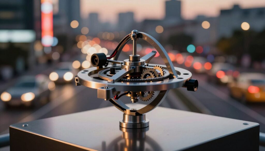 A detailed close-up of a modern gyroscope mechanism used for image stabilization, showcasing intricate gears and sensors. In the foreground, the gyroscope is displayed on a sleek, reflective surface, highlighting its polished metallic components and intricate wiring. The middle layer features a blurred cityscape background, illustrating a dynamic environment where this technology is applied, with flowing traffic and neon lights at dusk. The lighting is warm and inviting, casting soft shadows that emphasize the three-dimensional nature of the gyroscope. The scene conveys a sense of innovation and precision, inviting the viewer to appreciate the role of gyroscopes in navigation and stabilization systems, with a focus on sophistication and technological advancement. A detailed close-up of a modern gyroscope mechanism used for image stabilization, showcasing intricate gears and sensors. In the foreground, the gyroscope is displayed on a sleek, reflective surface, highlighting its polished metallic components and intricate wiring. The middle layer features a blurred cityscape background, illustrating a dynamic environment where this technology is applied, with flowing traffic and neon lights at dusk. The lighting is warm and inviting, casting soft shadows that emphasize the three-dimensional nature of the gyroscope. The scene conveys a sense of innovation and precision, inviting the viewer to appreciate the role of gyroscopes in navigation and stabilization systems, with a focus on sophistication and technological advancement.