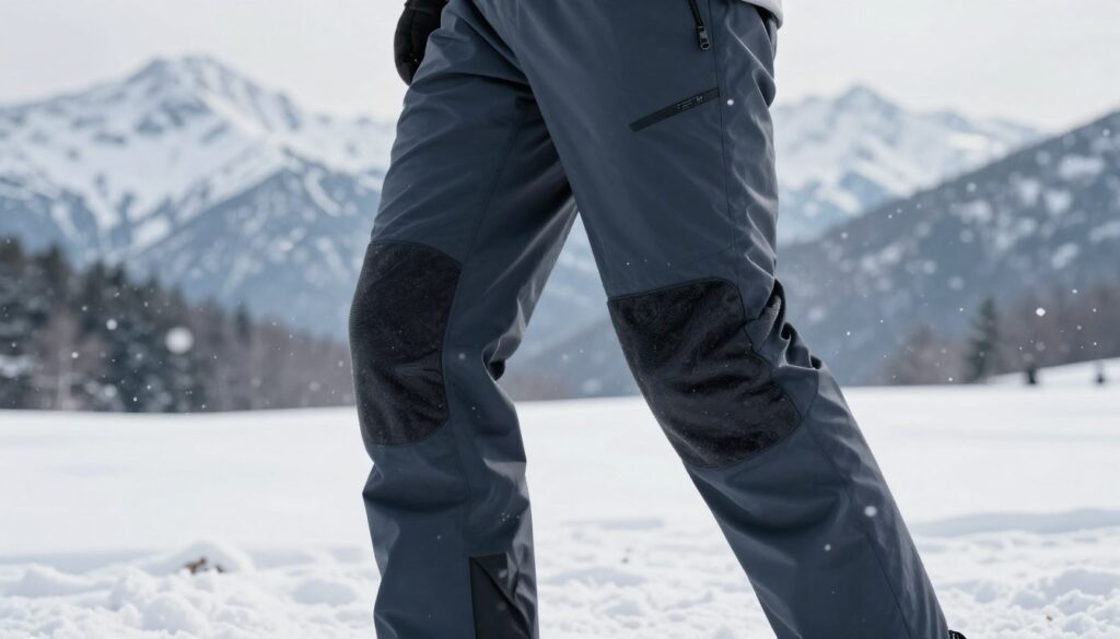 A detailed depiction of "comfy trekking pants" designed for winter mountain conditions. In the foreground, showcase the pants featuring multiple practical details such as reinforced knee patches, adjustable cuffs, and a fleece lining. The material should appear weather-resistant with a soft texture visible. In the middle ground, portray a serene snowy landscape with gently falling snowflakes, hinting at the harsh weather. In the background, outline majestic snow-capped mountains under soft, diffused daylight. Use a slightly angled perspective to emphasize the pants' features. The atmosphere should evoke warmth and protection against the cold, highlighting the pants' role in providing comfort and functionality in winter outdoor activities. No text or human figures are included. A detailed depiction of "comfy trekking pants" designed for winter mountain conditions. In the foreground, showcase the pants featuring multiple practical details such as reinforced knee patches, adjustable cuffs, and a fleece lining. The material should appear weather-resistant with a soft texture visible. In the middle ground, portray a serene snowy landscape with gently falling snowflakes, hinting at the harsh weather. In the background, outline majestic snow-capped mountains under soft, diffused daylight. Use a slightly angled perspective to emphasize the pants' features. The atmosphere should evoke warmth and protection against the cold, highlighting the pants' role in providing comfort and functionality in winter outdoor activities. No text or human figures are included.