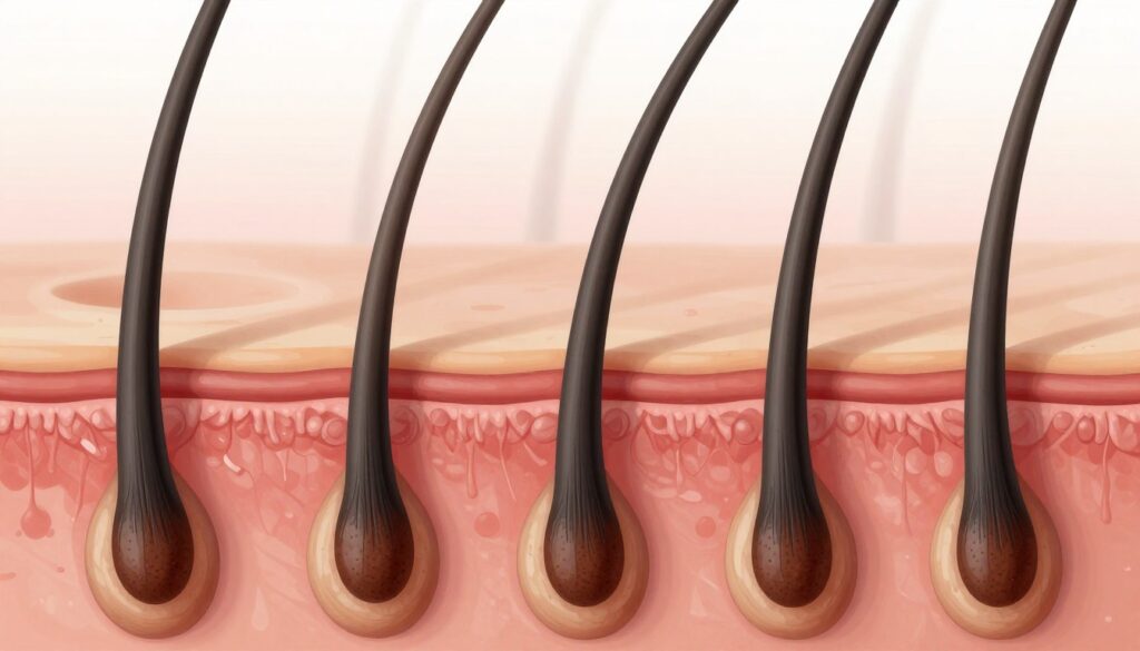 A detailed illustration of hair follicles, scientifically depicted in a close-up view. In the foreground, focus on several healthy hair follicles, showcasing their structure with fine details, including the dermal papilla and outer root sheath. The middle ground features a cross-section of skin layers, highlighting the connection between follicles and the skin, with realistic textures and colors that reflect biological accuracy. The background can be a soft gradient, suggesting an abstract representation of human skin tones. The lighting should be soft and diffused, enhancing the intricate details of the follicles while creating a calm and informative atmosphere. Use a macro lens perspective to emphasize the complexity and beauty of the hair growth process, maintaining a professional and educational mood throughout the image. A detailed illustration of hair follicles, scientifically depicted in a close-up view. In the foreground, focus on several healthy hair follicles, showcasing their structure with fine details, including the dermal papilla and outer root sheath. The middle ground features a cross-section of skin layers, highlighting the connection between follicles and the skin, with realistic textures and colors that reflect biological accuracy. The background can be a soft gradient, suggesting an abstract representation of human skin tones. The lighting should be soft and diffused, enhancing the intricate details of the follicles while creating a calm and informative atmosphere. Use a macro lens perspective to emphasize the complexity and beauty of the hair growth process, maintaining a professional and educational mood throughout the image.