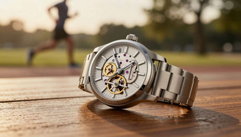 A detailed image of a wristwatch featuring a visible gyroscope mechanism. The foreground should include a close-up view of the watch face, showcasing intricate gears and components, with the gyroscope clearly highlighted, perhaps in motion to convey functionality. The middle ground should display the entire watch, elegantly resting on a polished wooden surface, emphasizing craftsmanship. In the background, softly blurred, a faint outline of an active person jogging in a park can be suggested, reflecting the theme of physical activity monitoring. The lighting should be warm and inviting, mimicking golden hour to enhance the watch's metallic finish. The overall mood should be dynamic yet sophisticated, capturing the essence of advanced technology integrated into everyday life. A detailed image of a wristwatch featuring a visible gyroscope mechanism. The foreground should include a close-up view of the watch face, showcasing intricate gears and components, with the gyroscope clearly highlighted, perhaps in motion to convey functionality. The middle ground should display the entire watch, elegantly resting on a polished wooden surface, emphasizing craftsmanship. In the background, softly blurred, a faint outline of an active person jogging in a park can be suggested, reflecting the theme of physical activity monitoring. The lighting should be warm and inviting, mimicking golden hour to enhance the watch's metallic finish. The overall mood should be dynamic yet sophisticated, capturing the essence of advanced technology integrated into everyday life.