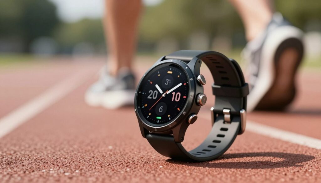A dynamic and modern electronic sports watch is prominently displayed in the foreground, featuring a sleek black strap and a high-resolution digital interface showing various fitness metrics. The watch glistens under natural sunlight, highlighting its intricate details like buttons and sensors. In the middle ground, there’s a blurred backdrop of an athletic setting, suggesting a jogging path or a gym, enhancing the sporty vibe. The atmosphere is energetic and motivating, infused with a sense of activity and health. The lighting is bright and natural, creating an inviting ambiance. Utilize a slightly tilted angle to add depth, capturing the watch's stylish design in a way that it stands out as the ultimate choice for fitness enthusiasts.