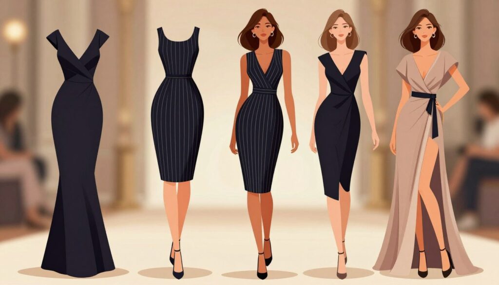 A fashion-forward illustration showcasing elegant dress designs that visually elongate the silhouette of a figure, targeted for shorter individuals. In the foreground, display two or three diverse dress styles: a form-fitting long maxi dress, a A-line pencil dress with vertical stripes, and a wrap dress with a high slit. The middle ground features a model of average height dressed in these stylish outfits, standing confidently in a graceful pose. The background should be a soft, blurred studio setting with warm lighting that adds an inviting and glamorous feel to the scene. Choose a shallow depth of field to emphasize the dresses, using a lens that captures rich textures and colors. The overall mood is sophisticated and uplifting, celebrating fashion that enhances one's stature. A fashion-forward illustration showcasing elegant dress designs that visually elongate the silhouette of a figure, targeted for shorter individuals. In the foreground, display two or three diverse dress styles: a form-fitting long maxi dress, a A-line pencil dress with vertical stripes, and a wrap dress with a high slit. The middle ground features a model of average height dressed in these stylish outfits, standing confidently in a graceful pose. The background should be a soft, blurred studio setting with warm lighting that adds an inviting and glamorous feel to the scene. Choose a shallow depth of field to emphasize the dresses, using a lens that captures rich textures and colors. The overall mood is sophisticated and uplifting, celebrating fashion that enhances one's stature.