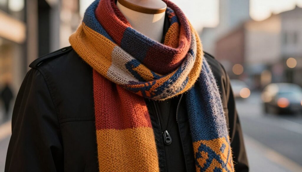 A fashionable black jacket displayed in a stylish urban setting, complemented by a vibrant scarf draped elegantly around the neck of a mannequin. The scarf is chunky knit with a bold pattern, evoking a sporty yet chic vibe. The background consists of a softly blurred cityscape, illuminated by warm golden hour lighting, enhancing the cozy atmosphere. A shallow depth of field focuses on the scarf and jacket ensemble, showcasing textures like the sleek fabric of the jacket and the warmth of the scarf, which suggests comfort for the upcoming season. The mood is inviting and trendy, appealing to fashion-forward individuals seeking style inspiration. A fashionable black jacket displayed in a stylish urban setting, complemented by a vibrant scarf draped elegantly around the neck of a mannequin. The scarf is chunky knit with a bold pattern, evoking a sporty yet chic vibe. The background consists of a softly blurred cityscape, illuminated by warm golden hour lighting, enhancing the cozy atmosphere. A shallow depth of field focuses on the scarf and jacket ensemble, showcasing textures like the sleek fabric of the jacket and the warmth of the scarf, which suggests comfort for the upcoming season. The mood is inviting and trendy, appealing to fashion-forward individuals seeking style inspiration.