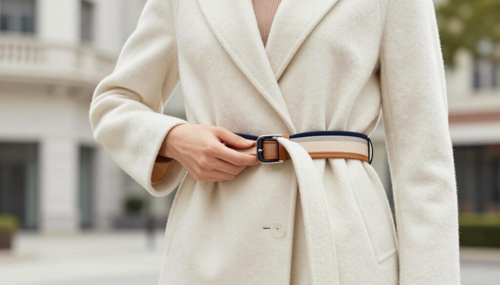 A fashionable person in a chic, modern coat, elegantly tying a stylish belt around their waist to accentuate their figure. The subject is positioned in the foreground, showcasing the intricate details of the belt and the fabric of the coat. Bright, soft lighting gently illuminates the scene, enhancing the textures of the materials. In the middle ground, a stylish urban environment with blurred outlines of buildings conveys a sense of modernity. The background features hints of greenery, bringing a light and fresh atmosphere. This composition conveys a sense of elegance and sophistication, highlighting contemporary techniques of tying a coat for a fashion-forward look.