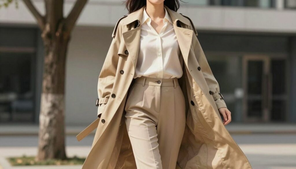 A fashionable woman confidently stands outdoors, showcasing her open trench coat, which elegantly drapes around her silhouette. She wears a fitted blouse and tailored trousers, accentuating her waistline while adding a touch of sophistication. Soft, diffused sunlight filters through a nearby tree, casting gentle shadows that enhance the textures of her coat and outfit. In the background, a modern urban setting subtly blurs out, providing a contemporary feel without drawing attention away from the subject. The composition captures the essence of style and grace, with the woman's relaxed posture exuding an effortless charm, reflecting the theme of lightness and elegance. The angle is slightly low, creating a dynamic view that highlights the coat's flow and the woman's confident demeanor.