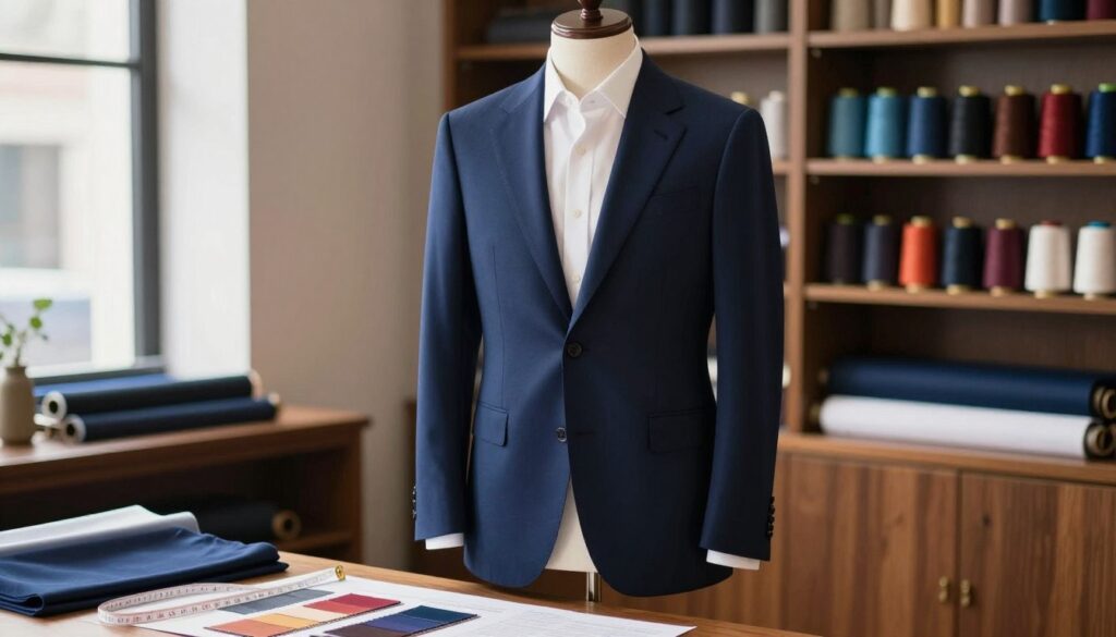 A finely tailored suit, elegantly displayed on a mannequin in a well-lit tailor shop. The suit features a deep navy blue fabric, expertly structured shoulders, and a crisp white shirt peeking from underneath. In the foreground, a measuring tape and fabric swatches lie scattered on a wooden table, hinting at the bespoke tailoring process. Soft, diffused lighting from a nearby window casts gentle shadows, enhancing the texture of the fabric. In the background, shelves filled with neatly arranged spools of thread and rolls of fabric create a cozy atmosphere. The overall mood is sophisticated and inviting, emphasizing the craftsmanship and personal touch involved in creating a made-to-measure suit. A finely tailored suit, elegantly displayed on a mannequin in a well-lit tailor shop. The suit features a deep navy blue fabric, expertly structured shoulders, and a crisp white shirt peeking from underneath. In the foreground, a measuring tape and fabric swatches lie scattered on a wooden table, hinting at the bespoke tailoring process. Soft, diffused lighting from a nearby window casts gentle shadows, enhancing the texture of the fabric. In the background, shelves filled with neatly arranged spools of thread and rolls of fabric create a cozy atmosphere. The overall mood is sophisticated and inviting, emphasizing the craftsmanship and personal touch involved in creating a made-to-measure suit.