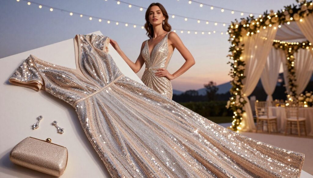 A glamorous, sparkling evening gown designed for weddings, made from shimmering sequins in shades of silver and soft gold. The dress is elegantly draped, showcasing sophisticated lines that enhance the figure while remaining tasteful. In the foreground, delicate accessories like a pair of sparkling earrings and a classy clutch lie next to the dress. The middle layer features a stylish model, dressed in the gown, confidently posing in a graceful manner, with gentle lighting that highlights the gown's luster. The background showcases a beautifully set outdoor wedding with fairy lights twinkling in a soft dusky sky, creating a romantic and enchanting atmosphere. The overall mood is one of elegance and celebration, perfect for a wedding setting.