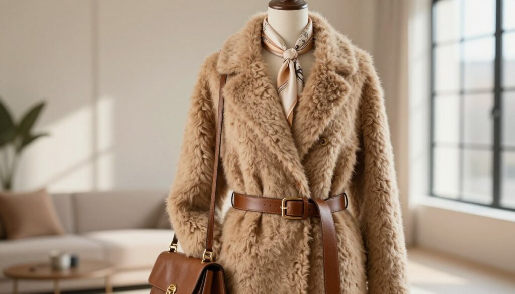 A luxurious alpaca coat draped elegantly on a stylish mannequin, showcasing its soft, textured fibers and rich, natural color. The coat is paired with chic leather accessories, such as a sleek belt and a classic handbag, and a delicate silk scarf tied around the mannequin’s neck to hint at sophistication. The foreground features the coat and accessories, while the middle ground includes a softly blurred background of a minimalist, elegant room with natural light streaming in through a large window, casting gentle shadows. The mood is warm and inviting, emphasizing the elegance and versatility of alpaca wool, leather, and silk combinations. Use a shallow depth of field to highlight the details of the materials, ensuring the focus remains on the textures and colors.