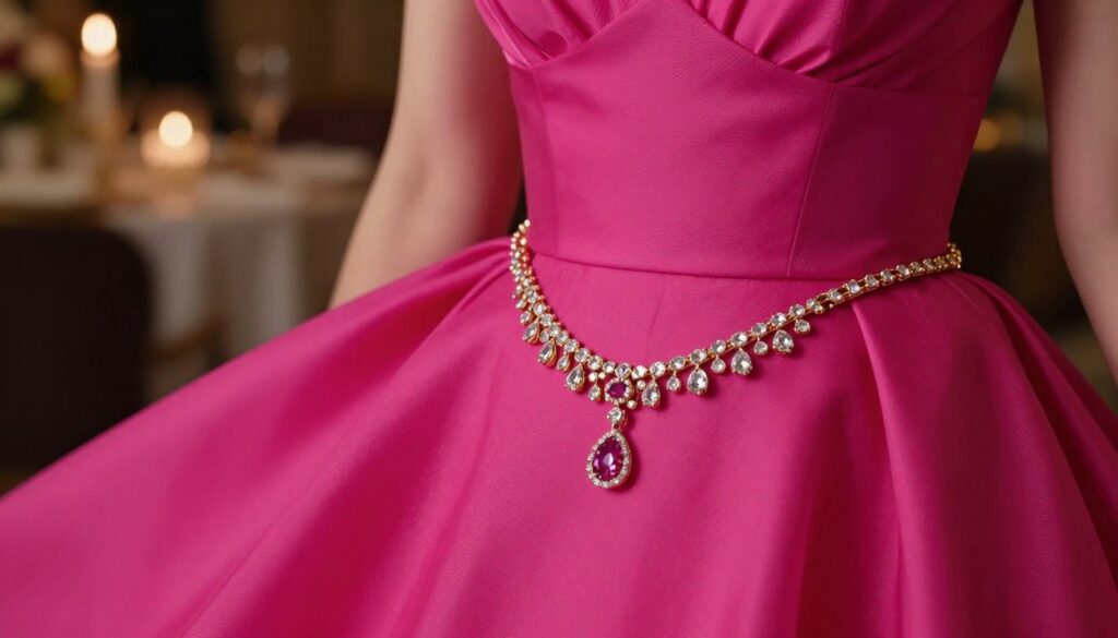 A luxurious close-up of elegant jewelry set against a vibrant fuchsia dress. In the foreground, showcase a delicate gold necklace adorned with sparkling gemstones, paired with matching earrings that complement the rich color of the dress. In the middle, the fuchsia fabric drapes softly, highlighted by subtle lighting that accentuates its texture and depth. In the background, a softly blurred ambiance featuring an elegant evening setting with warm, ambient lighting creates a sophisticated atmosphere. Use a close-up angle to emphasize the intricate details of the jewelry while maintaining the exquisite beauty of the dress. The overall mood should be glamorous and refined, perfect for a wedding or evening outing. A luxurious close-up of elegant jewelry set against a vibrant fuchsia dress. In the foreground, showcase a delicate gold necklace adorned with sparkling gemstones, paired with matching earrings that complement the rich color of the dress. In the middle, the fuchsia fabric drapes softly, highlighted by subtle lighting that accentuates its texture and depth. In the background, a softly blurred ambiance featuring an elegant evening setting with warm, ambient lighting creates a sophisticated atmosphere. Use a close-up angle to emphasize the intricate details of the jewelry while maintaining the exquisite beauty of the dress. The overall mood should be glamorous and refined, perfect for a wedding or evening outing.
