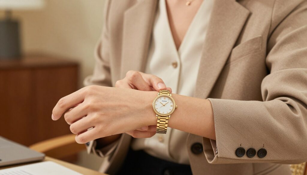 A luxurious women's gold watch with an elegant design, featuring a classic round face, intricate detailing, and a delicate bracelet. The watch is prominently displayed in the foreground, reflecting soft, warm lighting that highlights its gleam. In the middle ground, a stylish woman dressed in professional business attire is adjusting the watch on her wrist, embodying confidence and sophistication. The background includes a softly blurred home or office setting, enhancing the watch's elegance without distraction. The atmosphere is warm and inviting, ideal for showcasing the versatility of the gold watch in both casual and formal styles. The image should evoke a sense of luxury and timeless fashion. A luxurious women's gold watch with an elegant design, featuring a classic round face, intricate detailing, and a delicate bracelet. The watch is prominently displayed in the foreground, reflecting soft, warm lighting that highlights its gleam. In the middle ground, a stylish woman dressed in professional business attire is adjusting the watch on her wrist, embodying confidence and sophistication. The background includes a softly blurred home or office setting, enhancing the watch's elegance without distraction. The atmosphere is warm and inviting, ideal for showcasing the versatility of the gold watch in both casual and formal styles. The image should evoke a sense of luxury and timeless fashion.