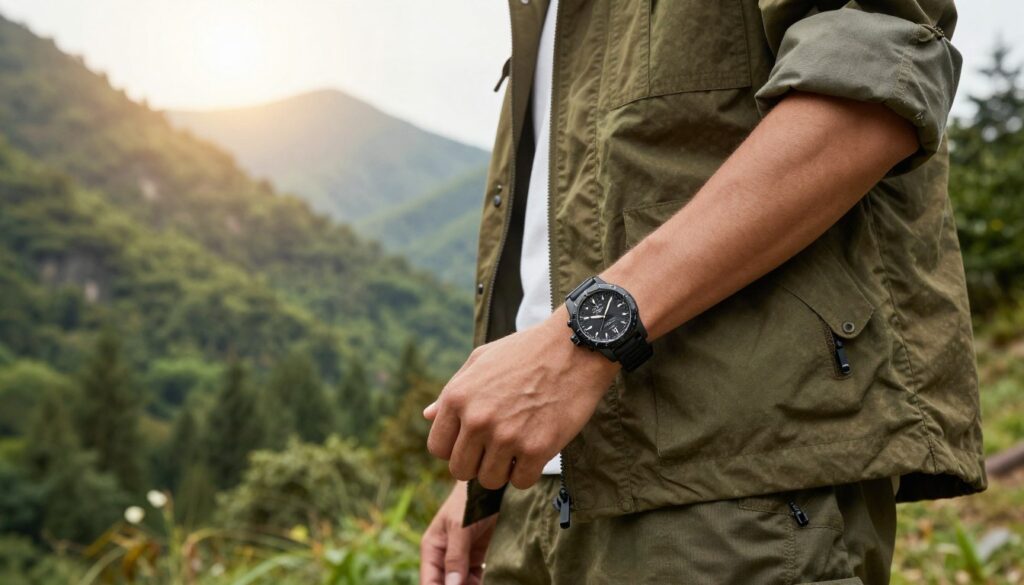 A male model dressed in a stylish military-inspired outfit stands confidently in the foreground, showcasing a SMAEL sports watch on his wrist. His attire combines rugged textures with fashionable elements, reflecting a balance between functionality and modern style. In the middle ground, a natural outdoor setting, such as a lush green forest or rugged mountains, adds depth to the scene, evoking a sense of adventure. The background features soft, diffused sunlight filtering through the trees, creating a warm, inviting atmosphere. The shot is taken from a slight low angle, emphasizing the model's stature and the watch's features. The overall mood is both adventurous and sophisticated, catering to those seeking a versatile timepiece for various occasions.
