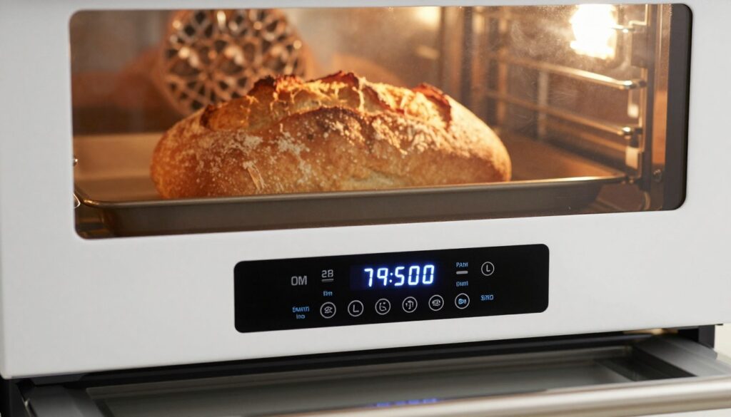 A modern Bosch oven with a digital timer and control panel, prominently displaying the baking duration settings. In the foreground, focus on the elegant timer interface, with buttons and a glowing display showcasing various baking time options. The middle ground features a tastefully baked loaf of bread, golden and crusty, placed inside the oven, illustrating the results of precise timing. The background includes a cozy kitchen setting with warm, ambient lighting, emphasizing a homey atmosphere. Use a shallow depth of field to create a soft blur in the background, drawing the viewer’s attention to the timer and baking process. The overall mood should convey a sense of efficiency and modernity in home cooking. A modern Bosch oven with a digital timer and control panel, prominently displaying the baking duration settings. In the foreground, focus on the elegant timer interface, with buttons and a glowing display showcasing various baking time options. The middle ground features a tastefully baked loaf of bread, golden and crusty, placed inside the oven, illustrating the results of precise timing. The background includes a cozy kitchen setting with warm, ambient lighting, emphasizing a homey atmosphere. Use a shallow depth of field to create a soft blur in the background, drawing the viewer’s attention to the timer and baking process. The overall mood should convey a sense of efficiency and modernity in home cooking.