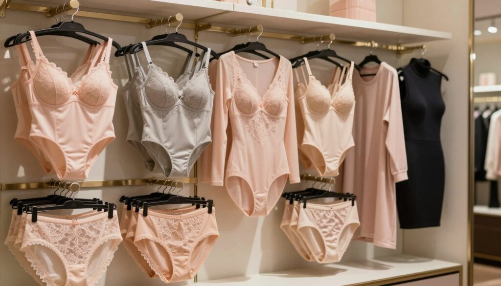 A neatly arranged display featuring an array of elegant and sophisticated women's undergarments suitable for wearing under different types of bodysuits. In the foreground, showcase a variety of delicate lace panties, structured briefs, and seamless options in soft pastel colors, emphasizing their versatility. The middle ground includes elegantly designed bodysuits in diverse styles—such as long-sleeve, tank, and turtleneck—hanging elegantly on sleek hangers. The background features a softly lit dressing room setting with a large mirror reflecting the garments, creating an inviting atmosphere. Use warm, diffused lighting to highlight the textures and colors of the fabrics, with a shallow depth of field to keep the focus on the undergarments, evoking a sense of style and sophistication in women’s lingerie choices.