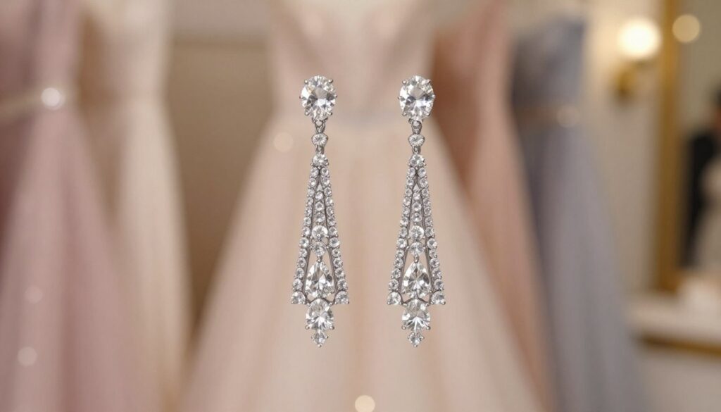 A pair of elegant long earrings adorned with sparkling zirconia crystals, delicately showcased in the foreground. The earrings feature intricate designs, catching the light beautifully, and exuding a sense of sophistication and glamour ideal for formal occasions like weddings. In the middle ground, a soft, blurred display of luxurious fabrics in pastel hues, hinting at elegant dresses and accessories that complement the earrings. The background is softly lit, evoking a warm and inviting atmosphere reminiscent of an upscale event space, with gentle bokeh effects to maintain focus on the earrings. The overall mood is one of elegance and refinement, perfect for highlighting the significance of details in women's styling. The lighting should be soft, emulating a golden hour effect that enhances the sparkling facets of the zirconia crystals. A pair of elegant long earrings adorned with sparkling zirconia crystals, delicately showcased in the foreground. The earrings feature intricate designs, catching the light beautifully, and exuding a sense of sophistication and glamour ideal for formal occasions like weddings. In the middle ground, a soft, blurred display of luxurious fabrics in pastel hues, hinting at elegant dresses and accessories that complement the earrings. The background is softly lit, evoking a warm and inviting atmosphere reminiscent of an upscale event space, with gentle bokeh effects to maintain focus on the earrings. The overall mood is one of elegance and refinement, perfect for highlighting the significance of details in women's styling. The lighting should be soft, emulating a golden hour effect that enhances the sparkling facets of the zirconia crystals.