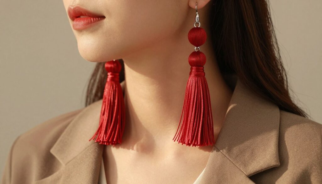 A pair of elegant red tassel earrings, prominently displayed in the foreground with intricate detailing on the tassels, capturing the light with a soft sheen. The earrings are styled against a neutral background, enhancing their vibrant color and texture. In the middle ground, a fashionable model wearing casual yet chic attire, like a stylish blouse or blazer, complements the earrings without overshadowing them. The lighting is warm and inviting, creating a cozy atmosphere, with a slight bokeh effect in the background to focus attention on the earrings. The camera angle is slightly lower than eye level, emphasizing the elegance of the earrings in a way that makes them the focal point of everyday styling. The overall mood is fashionable and approachable, perfect for showcasing these stunning accessories.