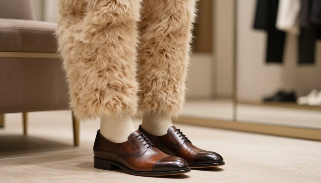 A pair of elegant, stylish shoes designed to complement an alpaca coat, placed in the foreground. The shoes should be made of high-quality leather with a polished finish, featuring sleek lines and a narrow silhouette typical of formal attire. In the middle ground, a plush, textured alpaca coat hangs elegantly on a sleek mannequin or is draped over a minimalist chair, showcasing its soft fibers and luxurious feel. The background is softly blurred, depicting a sophisticated, upscale environment or boutique setting, with warm, inviting lighting that highlights the textures and details of the shoes and coat. The mood is one of refinement and elegance, perfect for formal occasions. Utilize a shallow depth of field to focus on the shoes and coat. A pair of elegant, stylish shoes designed to complement an alpaca coat, placed in the foreground. The shoes should be made of high-quality leather with a polished finish, featuring sleek lines and a narrow silhouette typical of formal attire. In the middle ground, a plush, textured alpaca coat hangs elegantly on a sleek mannequin or is draped over a minimalist chair, showcasing its soft fibers and luxurious feel. The background is softly blurred, depicting a sophisticated, upscale environment or boutique setting, with warm, inviting lighting that highlights the textures and details of the shoes and coat. The mood is one of refinement and elegance, perfect for formal occasions. Utilize a shallow depth of field to focus on the shoes and coat.