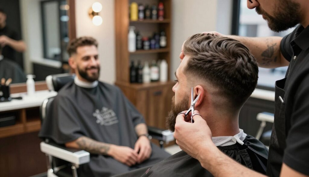 A professional barber expertly trimming a well-groomed beard in a modern barbershop setting. In the foreground, focus on the barber, dressed in professional attire, carefully shaping the beard with precision scissors, showcasing detailed hair textures and the glint of the scissors. The middle ground features a vintage barber chair with a client smiling in satisfaction, reflecting confidence in the grooming process. In the background, shelves filled with grooming products and softly glowing lights create a warm, inviting atmosphere. The lighting is soft yet focused, highlighting the intricate details of the beard and the skill of the barber. The scene conveys a sense of professionalism and care, embodying the art of beard trimming and shaping.