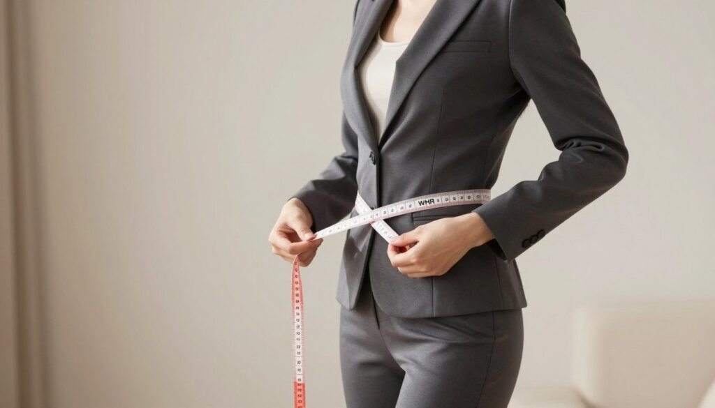 A professional female figure stands confidently in a well-lit studio, dressed in a smart, tailored outfit that highlights her waist. She is positioned at a slight angle to showcase her silhouette, emphasizing the waist-to-hip ratio (WHR) measurement. In her hands, she holds a measuring tape, demonstrating how to measure the waist accurately. The background features a clean, minimalist design with neutral colors, ensuring the focus remains on the figure and the measuring process. Soft, diffused lighting enhances the subject while creating a warm atmosphere. A shallow depth of field gently blurs the background elements, allowing the viewer to concentrate on the demonstration and the importance of proper measurements in selecting clothing sizes.
