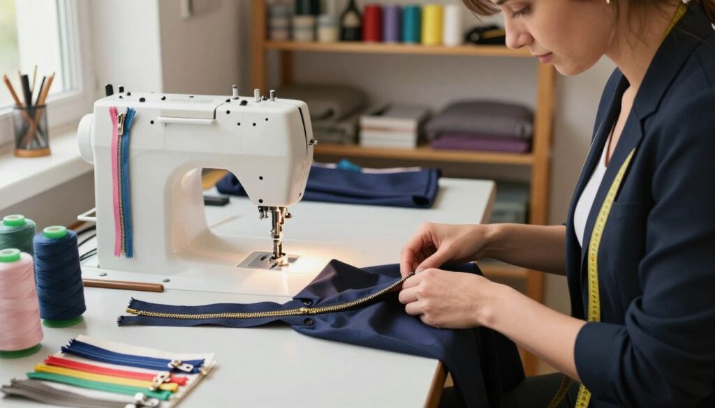 A professional tailor's workbench set in a well-lit, cozy sewing studio, showcasing an intricate sewing machine and a variety of colorful zippers. In the foreground, a tailor, dressed in a smart casual outfit, is carefully examining a jacket with a partially opened zipper, indicating the process of replacement. Spools of thread and fabric swatches are neatly arranged beside them. In the middle ground, a distinctive, half-assembled zipper lies on the table, highlighting the craftsmanship involved in the replacement process. The background features shelves filled with various sewing tools and materials, bathed in warm, soft light, creating an inviting and productive atmosphere. The overall mood should feel focused and professional, emphasizing the technical skill needed for zipper replacement. A professional tailor's workbench set in a well-lit, cozy sewing studio, showcasing an intricate sewing machine and a variety of colorful zippers. In the foreground, a tailor, dressed in a smart casual outfit, is carefully examining a jacket with a partially opened zipper, indicating the process of replacement. Spools of thread and fabric swatches are neatly arranged beside them. In the middle ground, a distinctive, half-assembled zipper lies on the table, highlighting the craftsmanship involved in the replacement process. The background features shelves filled with various sewing tools and materials, bathed in warm, soft light, creating an inviting and productive atmosphere. The overall mood should feel focused and professional, emphasizing the technical skill needed for zipper replacement.