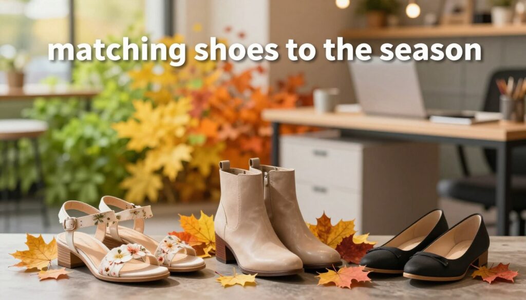 A seasonal display of shoe pairings to highlight the theme of "matching shoes to the season." In the foreground, showcase three pairs of shoes: a light, floral summer sandal with a soft sunlight glow, a pair of elegant ankle boots surrounded by autumn leaves, and classic professional flats on a sleek, minimalistic office desk. In the middle, depict a blurred transition with vivid colors representing summer and autumn—bright greens and yellows fading into warm oranges and browns. The background should feature a softly lit, cozy setting, like a café that evokes both relaxation and productivity. The overall mood is inviting and stylish, with warm, natural light enhancing the textures of the shoes and surroundings. The composition should not contain any text or logos, focusing solely on the shoes and their seasonal context. A seasonal display of shoe pairings to highlight the theme of "matching shoes to the season." In the foreground, showcase three pairs of shoes: a light, floral summer sandal with a soft sunlight glow, a pair of elegant ankle boots surrounded by autumn leaves, and classic professional flats on a sleek, minimalistic office desk. In the middle, depict a blurred transition with vivid colors representing summer and autumn—bright greens and yellows fading into warm oranges and browns. The background should feature a softly lit, cozy setting, like a café that evokes both relaxation and productivity. The overall mood is inviting and stylish, with warm, natural light enhancing the textures of the shoes and surroundings. The composition should not contain any text or logos, focusing solely on the shoes and their seasonal context.
