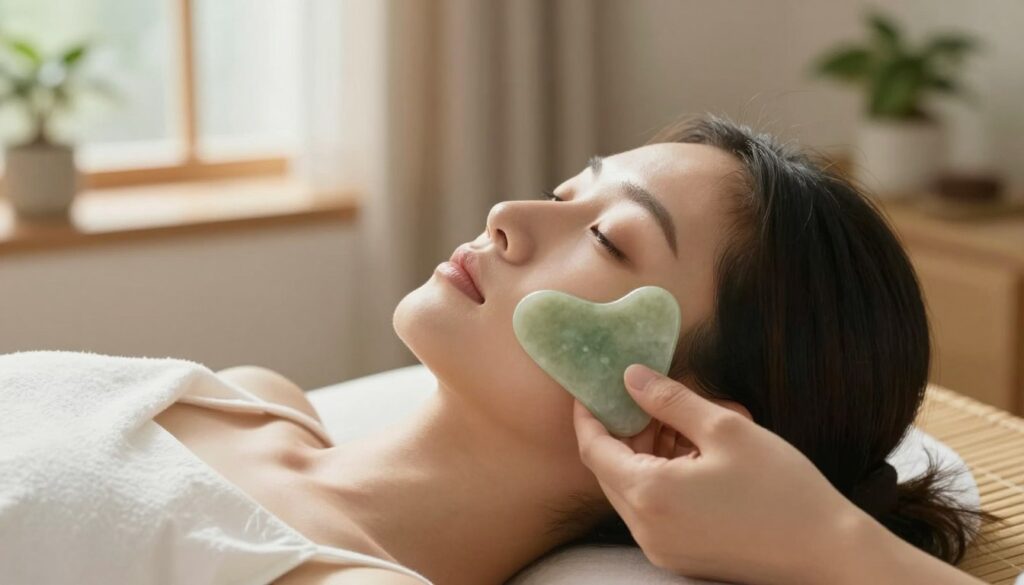 A serene and calming scene featuring a hand gently using a gua sha stone on a young woman's face in a tranquil home setting. The focus is on the beautiful, translucent jade gua sha tool gliding along her cheek, highlighting the smoothness and reflective surface. The woman, dressed in a simple, comfortable white top, has a relaxed expression, showcasing the soothing benefits of the massage. Soft, warm natural light filters in through a window, casting gentle shadows and creating a cozy atmosphere. In the background, there are elements of a peaceful home environment, such as potted plants and a bamboo mat, enhancing the sense of serenity and self-care. The image has a soft focus for a calming effect, emphasizing the ritualistic nature of facial massage.