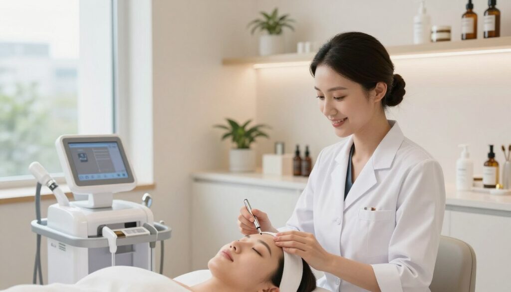 A serene and elegant beauty clinic interior, focusing on advanced aesthetic facial treatment equipment and products. In the foreground, a well-groomed female aesthetician wearing a professional white lab coat is preparing a skincare treatment. She has a warm smile, exuding confidence and expertise. In the middle ground, shelves display various high-end skincare serums and tools, creating a sophisticated atmosphere. The background shows soft, natural lighting coming through large windows, with modern decor featuring minimalistic plants and soothing colors, promoting a sense of tranquility. The overall mood is calm and inviting, ideal for conveying the idea of enhancing beauty through professional aesthetic treatments. A serene and elegant beauty clinic interior, focusing on advanced aesthetic facial treatment equipment and products. In the foreground, a well-groomed female aesthetician wearing a professional white lab coat is preparing a skincare treatment. She has a warm smile, exuding confidence and expertise. In the middle ground, shelves display various high-end skincare serums and tools, creating a sophisticated atmosphere. The background shows soft, natural lighting coming through large windows, with modern decor featuring minimalistic plants and soothing colors, promoting a sense of tranquility. The overall mood is calm and inviting, ideal for conveying the idea of enhancing beauty through professional aesthetic treatments.