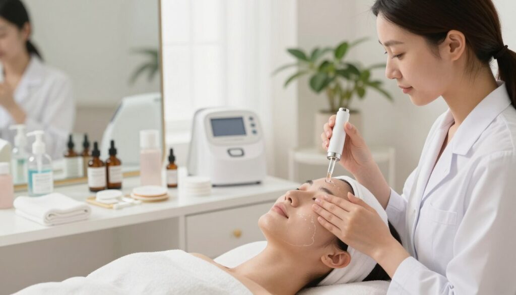 A serene and hygienic home setting showcasing a person demonstrating the process of cavitation peeling. In the foreground, a well-dressed woman in a clean, white coat applies a serum from an elegant ampoule onto her face using a gentle device. In the middle, a well-organized vanity table is adorned with skincare products, including ampoules, cotton pads, and an ultrasonic peeling device, all arranged meticulously. The background features soft, diffused natural light coming through a window, creating a calming atmosphere. The colors are soothing—pure whites, soft pastels, and a touch of greenery from a nearby plant. Emphasize safety and cleanliness by including a hand sanitizer and a small towel. The image conveys professionalism and wellness, emphasizing the importance of hygiene when using personal skincare devices.