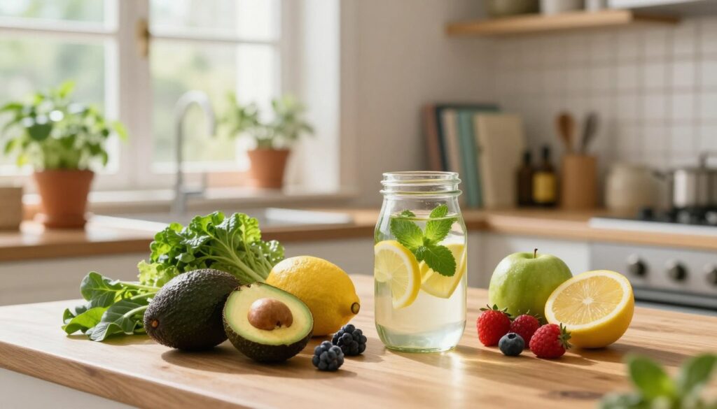A serene and inviting kitchen scene that highlights the importance of a healthy lifestyle for skin care. In the foreground, a colorful array of fresh fruits and vegetables—such as avocados, berries, and leafy greens—arranged artistically on a wooden countertop. A glass jar filled with detox water, infused with lemon and mint, sits beside the vibrant produce. In the middle ground, a stylish kitchen with natural light streaming through a window, creating a warm, inviting atmosphere. The background features potted herbs on a windowsill and a neatly organized shelf with wellness books and essential oils. The mood is bright and airy, evoking a sense of health and vitality, suggesting that a balanced diet contributes positively to skin condition. Soft focus and natural lighting enhance the overall feel of wellness. A serene and inviting kitchen scene that highlights the importance of a healthy lifestyle for skin care. In the foreground, a colorful array of fresh fruits and vegetables—such as avocados, berries, and leafy greens—arranged artistically on a wooden countertop. A glass jar filled with detox water, infused with lemon and mint, sits beside the vibrant produce. In the middle ground, a stylish kitchen with natural light streaming through a window, creating a warm, inviting atmosphere. The background features potted herbs on a windowsill and a neatly organized shelf with wellness books and essential oils. The mood is bright and airy, evoking a sense of health and vitality, suggesting that a balanced diet contributes positively to skin condition. Soft focus and natural lighting enhance the overall feel of wellness.