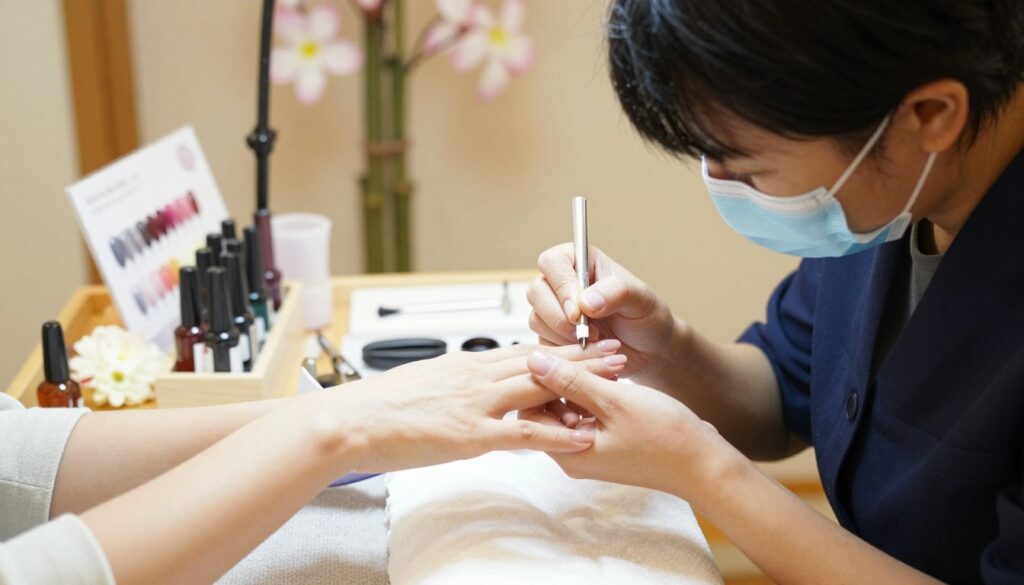 A serene and inviting manicure studio setting, focusing on the Japanese manicure process. In the foreground, a skilled nail technician, dressed in professional attire, is gently caring for a client’s hands, applying natural nail products with precision. The client’s hands are elegantly positioned, showcasing beautifully manicured nails with a glossy finish. In the middle ground, a well-organized manicure station displays an array of natural nail treatments, tools, and soothing elements like flowers. The background features soft, warm lighting that creates a calming atmosphere, with subtle Japanese decor elements, such as bamboo or cherry blossoms. The image should evoke a sense of relaxation and professionalism, emphasizing the traditional yet modern approach of the Japanese manicure.
