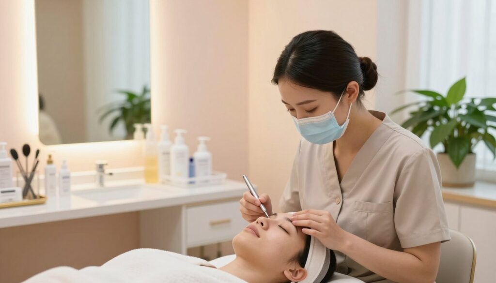 A serene and inviting professional skincare treatment room, emphasizing dermatological procedures for blackhead removal. In the foreground, a cosmetologist in modest attire gently performing an extraction on a patient's face, using specialized tools with a focused expression. The middle ground showcases a neatly arranged countertop with various skincare products, tools, and a mirror reflecting soft, warm lighting. The background features calming pastel-colored walls and a lush green plant, creating a tranquil atmosphere. Soft, diffused natural light filters in through a window, highlighting the comforting and clean environment. The overall mood is peaceful, emphasizing professionalism and care in skincare treatments. A serene and inviting professional skincare treatment room, emphasizing dermatological procedures for blackhead removal. In the foreground, a cosmetologist in modest attire gently performing an extraction on a patient's face, using specialized tools with a focused expression. The middle ground showcases a neatly arranged countertop with various skincare products, tools, and a mirror reflecting soft, warm lighting. The background features calming pastel-colored walls and a lush green plant, creating a tranquil atmosphere. Soft, diffused natural light filters in through a window, highlighting the comforting and clean environment. The overall mood is peaceful, emphasizing professionalism and care in skincare treatments.