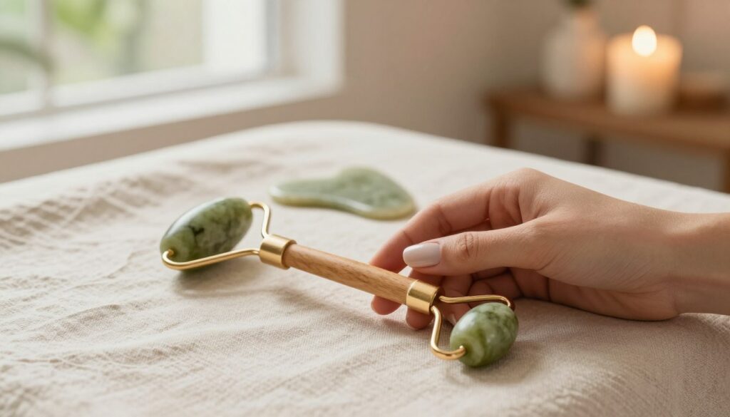 A serene and inviting scene showcasing a wooden facial roller and a jade roller placed elegantly on a soft, textured linen cloth. In the foreground, a pair of gentle hands delicately hold one of the rollers, with polished nails and a light, neutral polish, symbolizing self-care and relaxation. The middle ground highlights a selection of other facial massage tools, including a smooth gua sha stone, arranged aesthetically. The background features a softly blurred indoor spa environment with warm, ambient lighting, hinting at fresh greenery through the window, enhancing the tranquil atmosphere. The overall mood is soothing and calming, inviting the viewer to embrace facial massage as part of their self-care routine. A serene and inviting scene showcasing a wooden facial roller and a jade roller placed elegantly on a soft, textured linen cloth. In the foreground, a pair of gentle hands delicately hold one of the rollers, with polished nails and a light, neutral polish, symbolizing self-care and relaxation. The middle ground highlights a selection of other facial massage tools, including a smooth gua sha stone, arranged aesthetically. The background features a softly blurred indoor spa environment with warm, ambient lighting, hinting at fresh greenery through the window, enhancing the tranquil atmosphere. The overall mood is soothing and calming, inviting the viewer to embrace facial massage as part of their self-care routine.