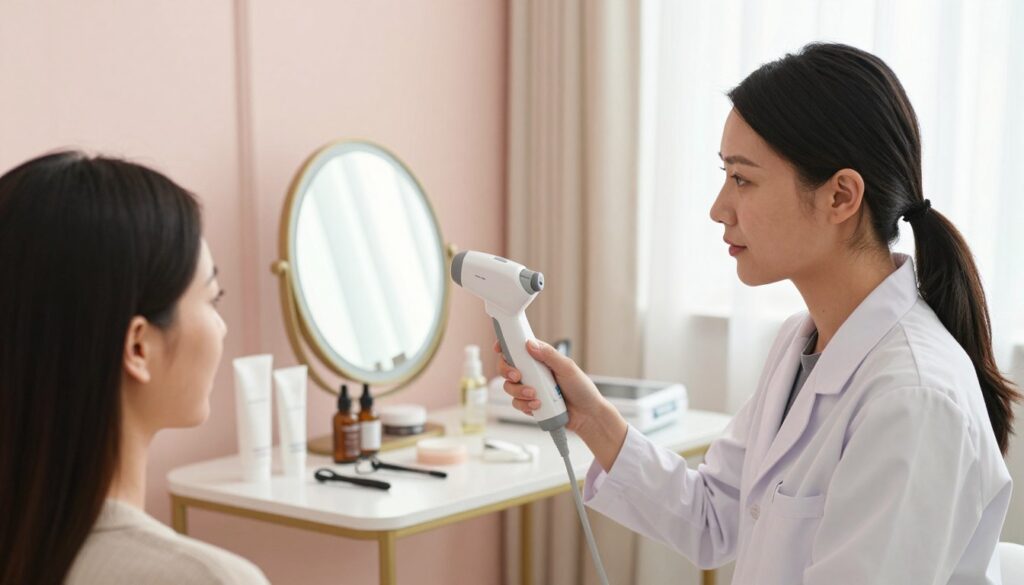 A serene and inviting skincare consultation scene, featuring a professional female dermatologist in modest, professional attire. In the foreground, she is using a handheld skin diagnostic device on a patient’s face, demonstrating practical skin evaluation techniques. The middle ground includes an elegant table with skincare products and tools, complemented by a large mirror reflecting the well-lit room. The background showcases soothing pastel colors on the walls, with soft, diffused natural light filtering through a window, creating a calm atmosphere. The overall mood is professional yet warm, inviting readers to engage in self-care and skin diagnosis, emphasizing a sense of personal empowerment in skincare routine selection.