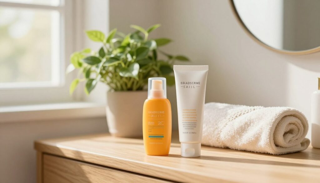 A serene and inviting skincare scene featuring a variety of sun protection products artfully arranged on a light wood vanity. In the foreground, focus on a bottle of broad-spectrum sunscreen and a tube of vitamin C serum, both elegantly designed and labeled. The middle ground showcases a lush green plant and a soft, rolled towel, evoking a sense of relaxation. In the background, a sunlit window filters warm, soft light, creating a tranquil atmosphere that highlights the importance of sun protection in daily beauty routines. The overall mood is calm and refreshing, emphasizing the protective nature of skincare against harmful UV rays. The image should maintain a clean, minimalist aesthetic without any added text or distractions. A serene and inviting skincare scene featuring a variety of sun protection products artfully arranged on a light wood vanity. In the foreground, focus on a bottle of broad-spectrum sunscreen and a tube of vitamin C serum, both elegantly designed and labeled. The middle ground showcases a lush green plant and a soft, rolled towel, evoking a sense of relaxation. In the background, a sunlit window filters warm, soft light, creating a tranquil atmosphere that highlights the importance of sun protection in daily beauty routines. The overall mood is calm and refreshing, emphasizing the protective nature of skincare against harmful UV rays. The image should maintain a clean, minimalist aesthetic without any added text or distractions.