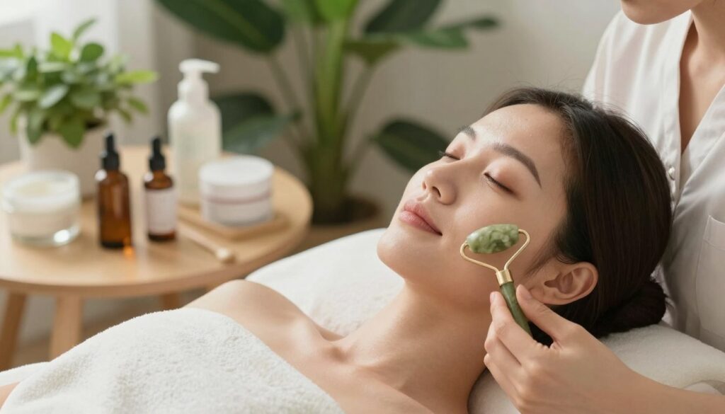A serene and inviting skincare setting showcasing the benefits of facial massage with a roller. In the foreground, a professional woman dressed in modest casual attire is gently using a jade roller on her cheek, her face displaying a calm and relaxed expression. In the middle background, a beautifully arranged table features skincare products—serums and oils—alongside lush green plants that imply a soothing atmosphere. Soft, natural lighting bathes the scene, highlighting the glow of her skin and the elegance of the roller. The overall mood is tranquil and rejuvenating, capturing the essence of self-care and wellness. The angle of the shot is slightly overhead, focusing on the woman's technique while ensuring elements of the skincare setup are included, creating an inviting atmosphere of beauty and relaxation.