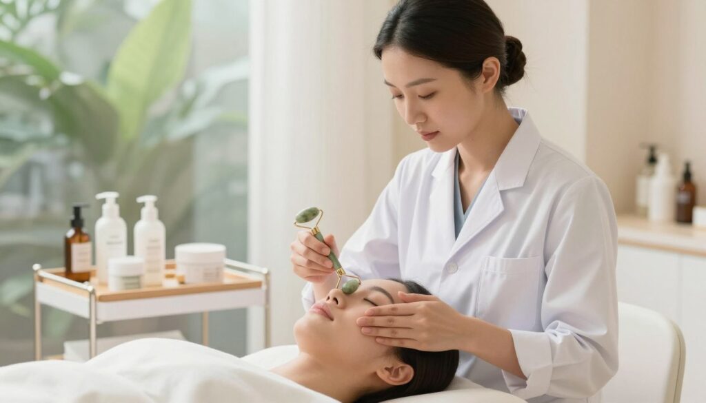 A serene and inviting spa environment showcasing the technique of facial massage using a roller. In the foreground, a professional woman, dressed in a modest, stylish white lab coat, carefully performs the massage on a calm client's face, who is relaxed on a comfortable treatment bed. The roller is clearly visible, made of jade, reflecting soft light. In the middle ground, neatly arranged skincare products are displayed, hinting at a professional treatment setting. The background features soft-focus greenery and soothing pastel colors, with gentle natural light streaming in through large windows, creating a tranquil atmosphere. The image should convey a sense of relaxation, professionalism, and the art of self-care.
