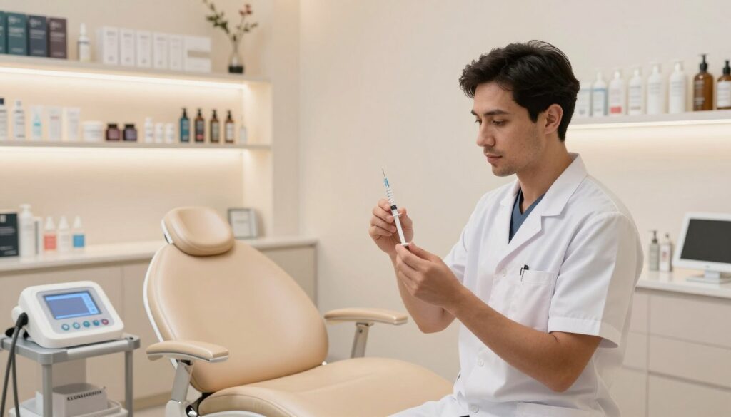A serene and professional skincare clinic interior, focused on the safe application of hyaluronic acid treatments. In the foreground, a well-groomed dermatologist in professional attire carefully demonstrates a hyaluronic acid syringe, showcasing its precision and safety. The middle ground features a well-lit treatment room with an elegant treatment chair and medical equipment organized neatly. Soft, diffused lighting creates a calming atmosphere, emphasizing professionalism and trust. In the background, shelves filled with skincare products highlight a focus on quality and care. The overall mood is reassuring and comforting, portraying a sense of expertise and safety in skincare treatments. A serene and professional skincare clinic interior, focused on the safe application of hyaluronic acid treatments. In the foreground, a well-groomed dermatologist in professional attire carefully demonstrates a hyaluronic acid syringe, showcasing its precision and safety. The middle ground features a well-lit treatment room with an elegant treatment chair and medical equipment organized neatly. Soft, diffused lighting creates a calming atmosphere, emphasizing professionalism and trust. In the background, shelves filled with skincare products highlight a focus on quality and care. The overall mood is reassuring and comforting, portraying a sense of expertise and safety in skincare treatments.