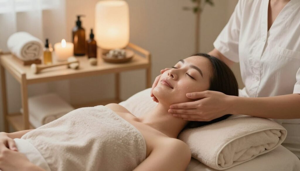 A serene and tranquil setting for a facial massage scene. In the foreground, a woman in modest casual clothing sits comfortably on a soft, plush massage chair, her eyes closed and a peaceful expression on her face. Her skin looks radiant, reflecting the benefits of the treatment. The middle ground features a well-arranged table with natural oils and massage tools, suggesting a calming at-home spa environment. In the background, gentle ambient lighting casts a warm glow, enhancing the relaxing atmosphere. The angle should be slightly angled to capture both the subject and the essence of the space, evoking a sense of rejuvenation and self-care. The overall mood should be peaceful and inviting, ideal for demonstrating the importance of regular facial massage practice. A serene and tranquil setting for a facial massage scene. In the foreground, a woman in modest casual clothing sits comfortably on a soft, plush massage chair, her eyes closed and a peaceful expression on her face. Her skin looks radiant, reflecting the benefits of the treatment. The middle ground features a well-arranged table with natural oils and massage tools, suggesting a calming at-home spa environment. In the background, gentle ambient lighting casts a warm glow, enhancing the relaxing atmosphere. The angle should be slightly angled to capture both the subject and the essence of the space, evoking a sense of rejuvenation and self-care. The overall mood should be peaceful and inviting, ideal for demonstrating the importance of regular facial massage practice.