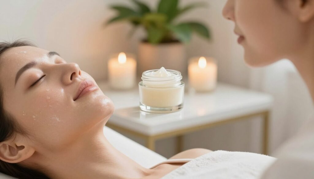 A serene and well-lit skincare treatment room, featuring a close-up view of a woman's face with a gentle exfoliating scrub being applied. The woman has a calm expression, wearing modest casual clothing. In the foreground, her soft skin showcases subtle textures and healthy glow, reflecting the benefits of regular exfoliation. In the middle ground, a luxurious glass jar of exfoliator is elegantly displayed on a white marble countertop, surrounded by natural elements like green plants and softly lit candles. The background is softly blurred, with warm ambient lighting creating a peaceful, inviting atmosphere. This image captures the essence of skincare routine, emphasizing the importance of regular exfoliation for a radiant complexion.