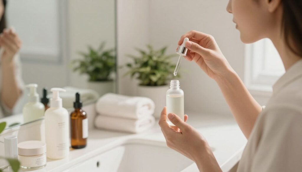 A serene bathroom scene with a woman in professional, modest casual clothing applying facial serum to her face. The foreground features a clear, elegant bottle of serum, with a dropper in her hand, gently placing drops onto her skin. The middle ground includes a well-lit vanity with skincare products neatly organized, reflecting a sense of order and care. The background subtly displays soft towels and potted plants, enhancing the atmosphere of relaxation and self-care. The lighting is bright and natural, mimicking daylight, casting gentle shadows to create depth. The overall mood feels calm, inviting, and informative, perfect for illustrating the proper skincare routine relating to facial serums.
