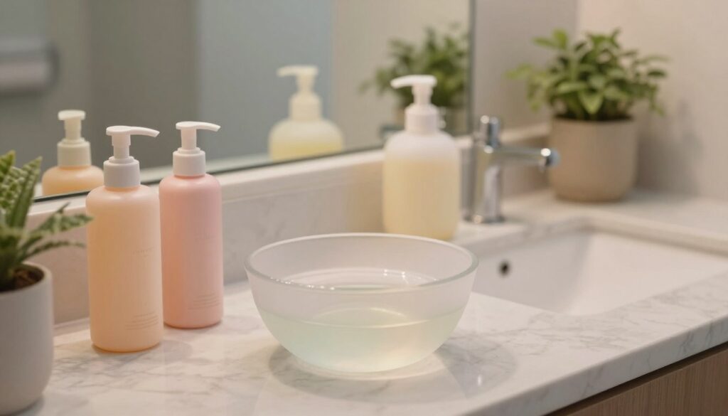 A serene bathroom setting featuring a variety of facial cleansing products arranged neatly on a marble countertop. In the foreground, a soft, frosted glass bowl filled with warm water reflects the gentle light from an overhead fixture. The colors are soft and inviting, with hints of pastel tones creating a calm atmosphere. In the background, a well-designed mirror reflects the peaceful ambiance, while potted plants add a touch of freshness. The lighting is soft and diffused, creating an intimate and soothing mood. Include an angled view that captures the essence of cleansing warmth, emphasizing the importance of temperature in skincare routines. No human figures present, ensuring a clean and focused composition. A serene bathroom setting featuring a variety of facial cleansing products arranged neatly on a marble countertop. In the foreground, a soft, frosted glass bowl filled with warm water reflects the gentle light from an overhead fixture. The colors are soft and inviting, with hints of pastel tones creating a calm atmosphere. In the background, a well-designed mirror reflects the peaceful ambiance, while potted plants add a touch of freshness. The lighting is soft and diffused, creating an intimate and soothing mood. Include an angled view that captures the essence of cleansing warmth, emphasizing the importance of temperature in skincare routines. No human figures present, ensuring a clean and focused composition.