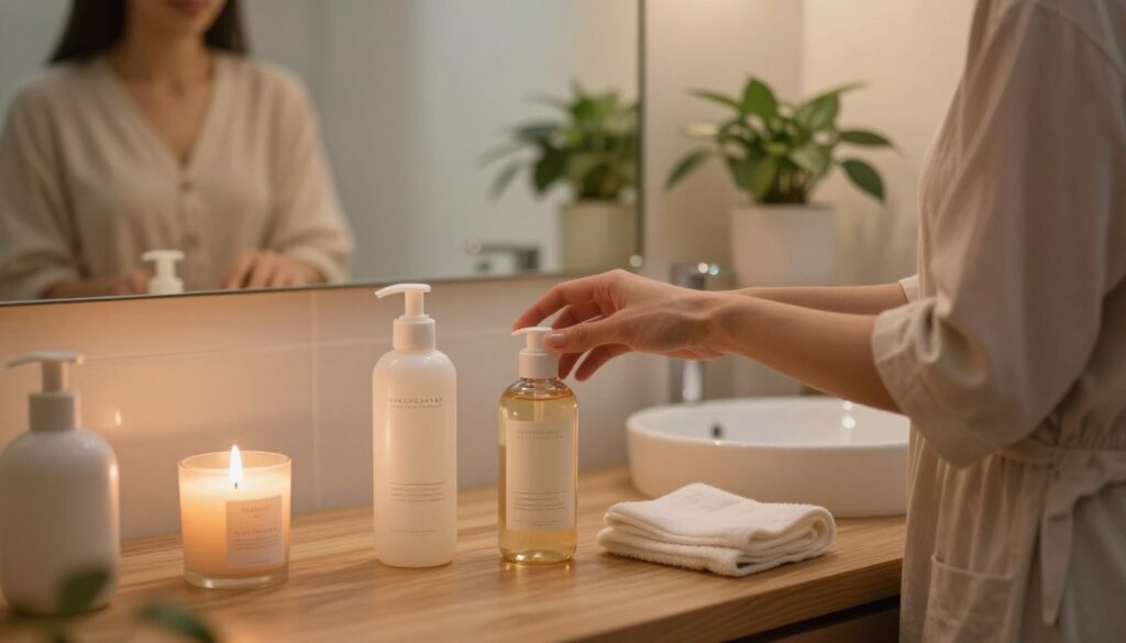A serene bathroom setting with warm, soft lighting. In the foreground, a wooden countertop is adorned with various skincare products: a gentle cleanser, a soothing toner, and a nourishing moisturizer, neatly arranged next to a soft washcloth. A calming candle flickers, casting a gentle glow. In the middle, a person in modest, comfortable loungewear is preparing for their evening skincare routine, looking relaxed and focused. Their hands are reaching for the cleanser. The background features a large mirror reflecting the calming ambiance, with potted plants adding a touch of greenery. The overall mood is peaceful and inviting, emphasizing preparation for self-care.