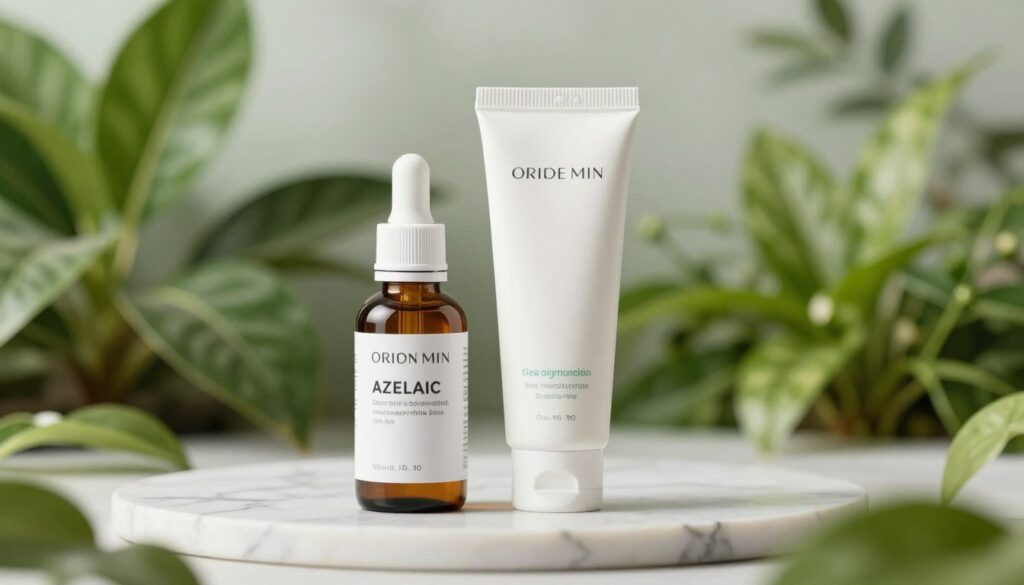 A serene beauty product display featuring a bottle of azelaic acid and a tube of niacinamide in an elegant, well-lit setting. In the foreground, the two products are artfully arranged on a marble surface, with soft, diffused lighting highlighting their textures and colors. Behind them, lush green plants create a calming atmosphere, symbolizing skin health and natural ingredients. The background is softly blurred, with bokeh effects that suggest an airy, fresh ambiance. The overall mood is clean, professional, and inviting, perfect for a skincare-focused section. The composition captures the essence of harmony between these two active ingredients, emphasizing their synergistic relationship in skincare without any overlays or distracting elements. A serene beauty product display featuring a bottle of azelaic acid and a tube of niacinamide in an elegant, well-lit setting. In the foreground, the two products are artfully arranged on a marble surface, with soft, diffused lighting highlighting their textures and colors. Behind them, lush green plants create a calming atmosphere, symbolizing skin health and natural ingredients. The background is softly blurred, with bokeh effects that suggest an airy, fresh ambiance. The overall mood is clean, professional, and inviting, perfect for a skincare-focused section. The composition captures the essence of harmony between these two active ingredients, emphasizing their synergistic relationship in skincare without any overlays or distracting elements.