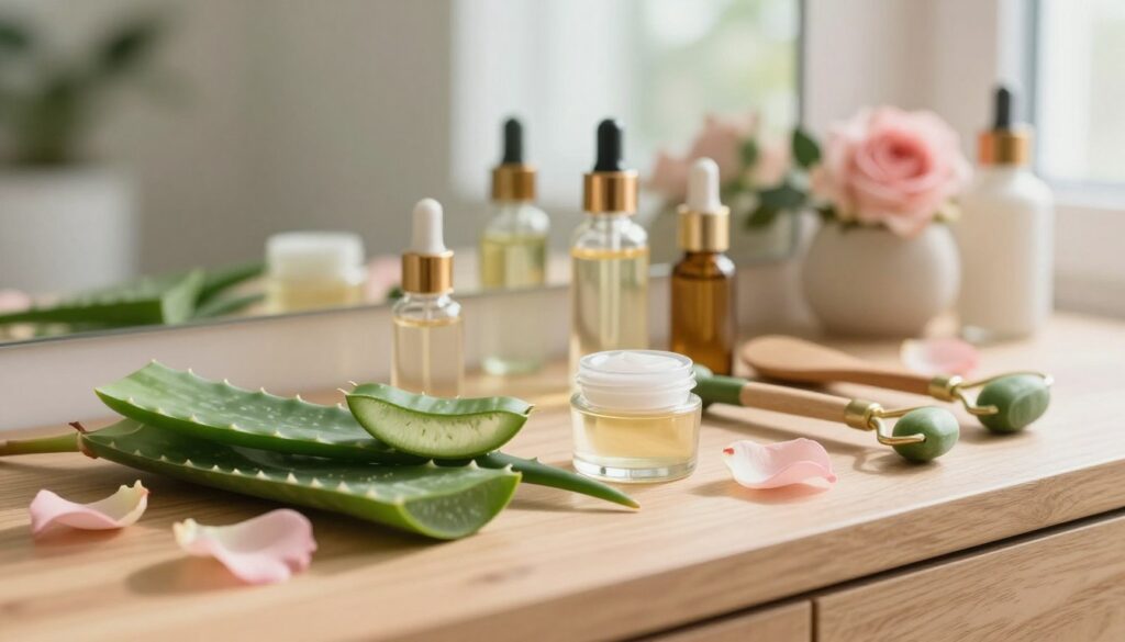 A serene beauty scene showcasing a variety of active skincare ingredients arranged artfully on a wooden vanity countertop. In the foreground, focus on vibrant green aloe vera leaves, delicate rose petals, and small glass containers filled with luxurious oils and serums. The middle ground features bamboo and natural skincare tools, like a jade roller and a wooden spatula. Soft, diffused natural light streams in from a nearby window, creating gentle shadows that enhance the textures of the ingredients. The background is softly blurred with subtle hints of indoor plants, evoking a tranquil, spa-like atmosphere. The color palette consists of soft greens, blush pinks, and warm earthy tones, inviting warmth and calmness to the composition. A serene beauty scene showcasing a variety of active skincare ingredients arranged artfully on a wooden vanity countertop. In the foreground, focus on vibrant green aloe vera leaves, delicate rose petals, and small glass containers filled with luxurious oils and serums. The middle ground features bamboo and natural skincare tools, like a jade roller and a wooden spatula. Soft, diffused natural light streams in from a nearby window, creating gentle shadows that enhance the textures of the ingredients. The background is softly blurred with subtle hints of indoor plants, evoking a tranquil, spa-like atmosphere. The color palette consists of soft greens, blush pinks, and warm earthy tones, inviting warmth and calmness to the composition.
