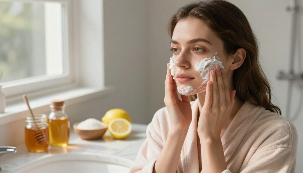 A serene beauty setup in a softly lit bathroom, featuring a woman in a light pastel robe, gently applying a homemade facial hair removal paste to her cheeks. The foreground reveals her focused face, with calm, determined eyes, emphasizing a sense of self-care. In the background, elegant arrangements of natural ingredients like honey, sugar, and lemon are neatly placed on a marble countertop. Soft, natural light filters in through a window, casting a warm glow and creating inviting shadows. The atmosphere conveys tranquility and empowerment, reflecting a safe and effective home beauty routine without irritation. The composition is shot from a slightly angled perspective to capture the rich textures and warm colors.