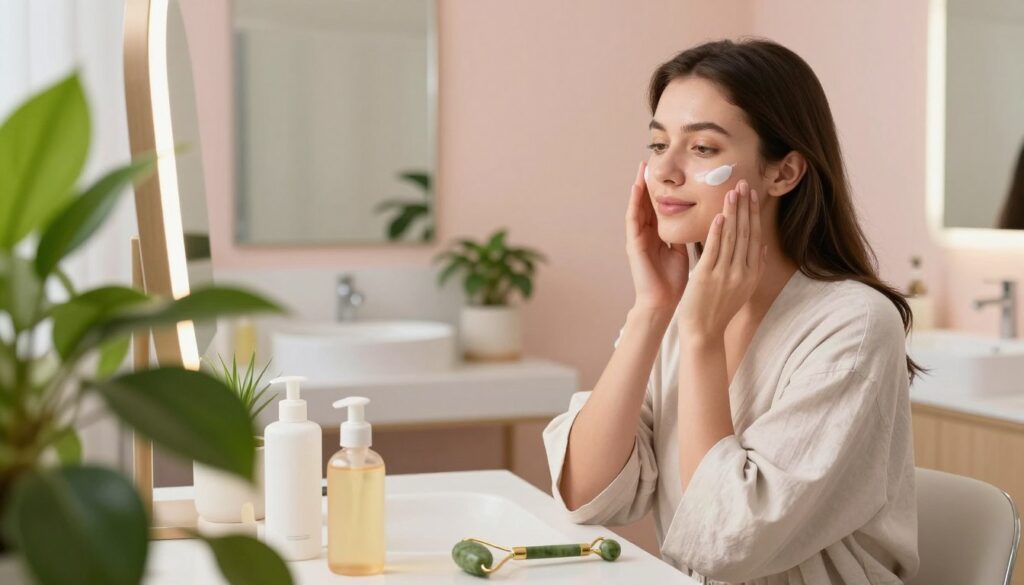 A serene beauty setup scene depicting skin preparation for a skincare treatment. In the foreground, a well-organized vanity table with vibrant green plants, sleek skincare products, and a jade roller. A young woman with naturally glowing skin, dressed in a modest, light-colored robe, gently applies moisturizer to her face, with a calm and focused expression. The middle of the image showcases a soft, shimmering light illuminating the skincare products, enhancing their textures and colors. In the background, a stylish bathroom with calming pastel walls and a large mirror reflecting the tranquil atmosphere. The overall mood is fresh and rejuvenating, emphasizing self-care and beauty rituals. The image should capture a sense of relaxation and professionalism, highlighted with soft, natural lighting to create a welcoming ambiance. A serene beauty setup scene depicting skin preparation for a skincare treatment. In the foreground, a well-organized vanity table with vibrant green plants, sleek skincare products, and a jade roller. A young woman with naturally glowing skin, dressed in a modest, light-colored robe, gently applies moisturizer to her face, with a calm and focused expression. The middle of the image showcases a soft, shimmering light illuminating the skincare products, enhancing their textures and colors. In the background, a stylish bathroom with calming pastel walls and a large mirror reflecting the tranquil atmosphere. The overall mood is fresh and rejuvenating, emphasizing self-care and beauty rituals. The image should capture a sense of relaxation and professionalism, highlighted with soft, natural lighting to create a welcoming ambiance.