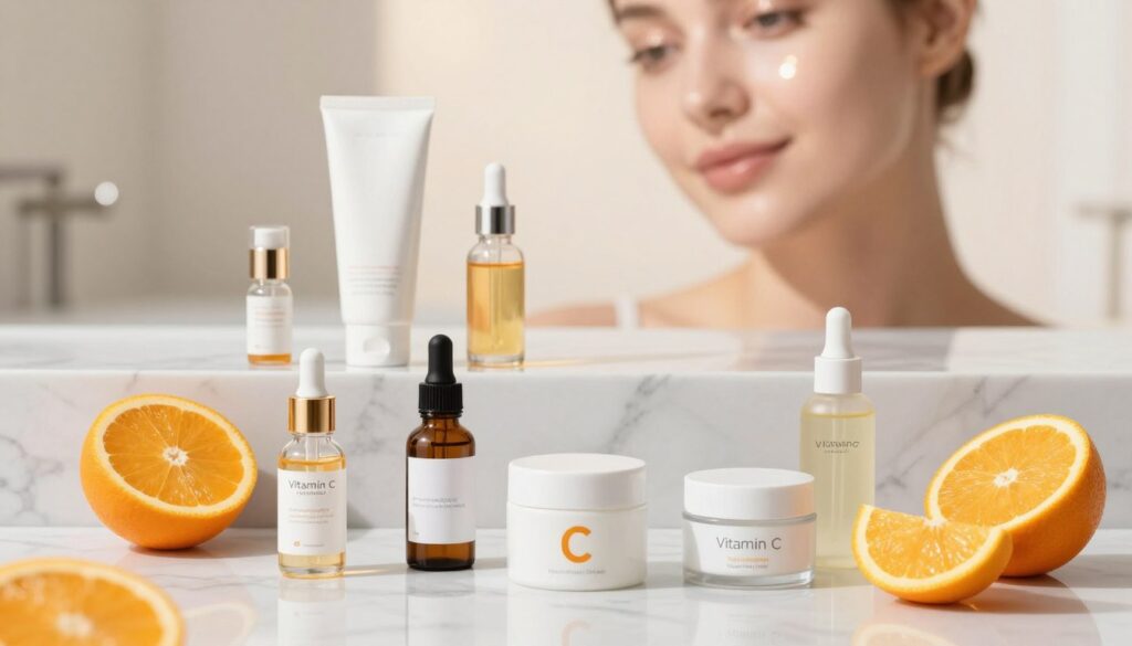 A serene, bright atmosphere showcasing the effects of Vitamin C on skin. In the foreground, a beautifully arranged flat lay featuring various Vitamin C skincare products, including serums and creams, surrounded by fresh oranges and citrus slices symbolizing the source of the vitamin. The middle layer reveals a sleek, modern skincare routine setup on a clean marble countertop, highlighting the elegance of the products with glimmering reflections. The background includes a gently blurred image of a glowing, radiant woman’s face, showing healthy, even-toned skin, with soft, diffused lighting casting a warm glow. Use a macro lens effect to enhance the details of the products, creating an inviting and informative mood, reflecting the transformative power of Vitamin C in skincare. A serene, bright atmosphere showcasing the effects of Vitamin C on skin. In the foreground, a beautifully arranged flat lay featuring various Vitamin C skincare products, including serums and creams, surrounded by fresh oranges and citrus slices symbolizing the source of the vitamin. The middle layer reveals a sleek, modern skincare routine setup on a clean marble countertop, highlighting the elegance of the products with glimmering reflections. The background includes a gently blurred image of a glowing, radiant woman’s face, showing healthy, even-toned skin, with soft, diffused lighting casting a warm glow. Use a macro lens effect to enhance the details of the products, creating an inviting and informative mood, reflecting the transformative power of Vitamin C in skincare.