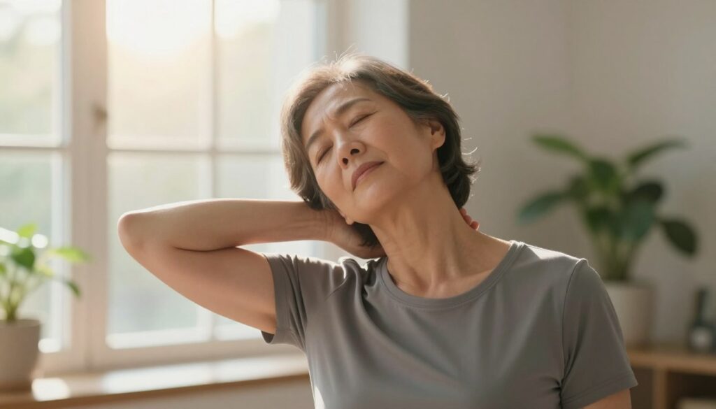 A serene indoor setting featuring a middle-aged person practicing neck stretching exercises. The individual is dressed in comfortable, modest fitness attire, showcasing a balanced posture as they tilt their head to one side, gently elongating their neck. The foreground highlights their focused expression, conveying a sense of relief and relaxation. In the middle background, soft sunlight filters through a large window, creating a warm, inviting atmosphere. Subtle greenery from houseplants enhances the calmness of the scene. The lens captures the subject in a slightly elevated angle, emphasizing the neck extension while maintaining an overall peaceful mood. The image should evoke tranquility and promote the idea of self-care and tension relief in the facial and neck areas. A serene indoor setting featuring a middle-aged person practicing neck stretching exercises. The individual is dressed in comfortable, modest fitness attire, showcasing a balanced posture as they tilt their head to one side, gently elongating their neck. The foreground highlights their focused expression, conveying a sense of relief and relaxation. In the middle background, soft sunlight filters through a large window, creating a warm, inviting atmosphere. Subtle greenery from houseplants enhances the calmness of the scene. The lens captures the subject in a slightly elevated angle, emphasizing the neck extension while maintaining an overall peaceful mood. The image should evoke tranquility and promote the idea of self-care and tension relief in the facial and neck areas.