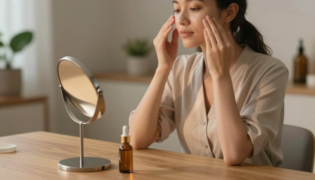 A serene indoor setting focused on a stylish wooden table, where a woman in modest professional attire is gently applying a skincare serum to her face. In the foreground, a small dropper bottle of serum sits next to a mirror, emitting a soft glow. The woman has a concentrated yet relaxed expression, showcasing proper application technique. The lighting is warm and soft, creating a calming atmosphere, with gentle shadows adding depth. The background features subtle greenery and minimalistic decor, hinting at a spa-like environment. The overall mood is one of tranquility and self-care, emphasizing the importance of the correct application of facial serums.